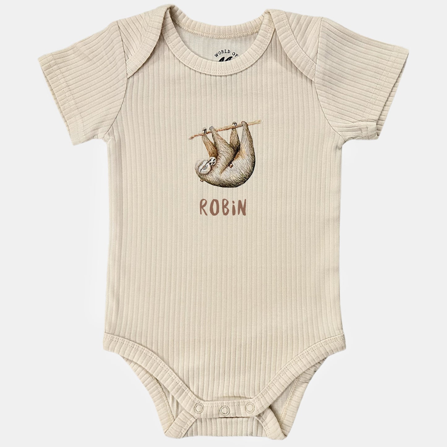 Baby romper luiaard met naam - vanille shortsleeve