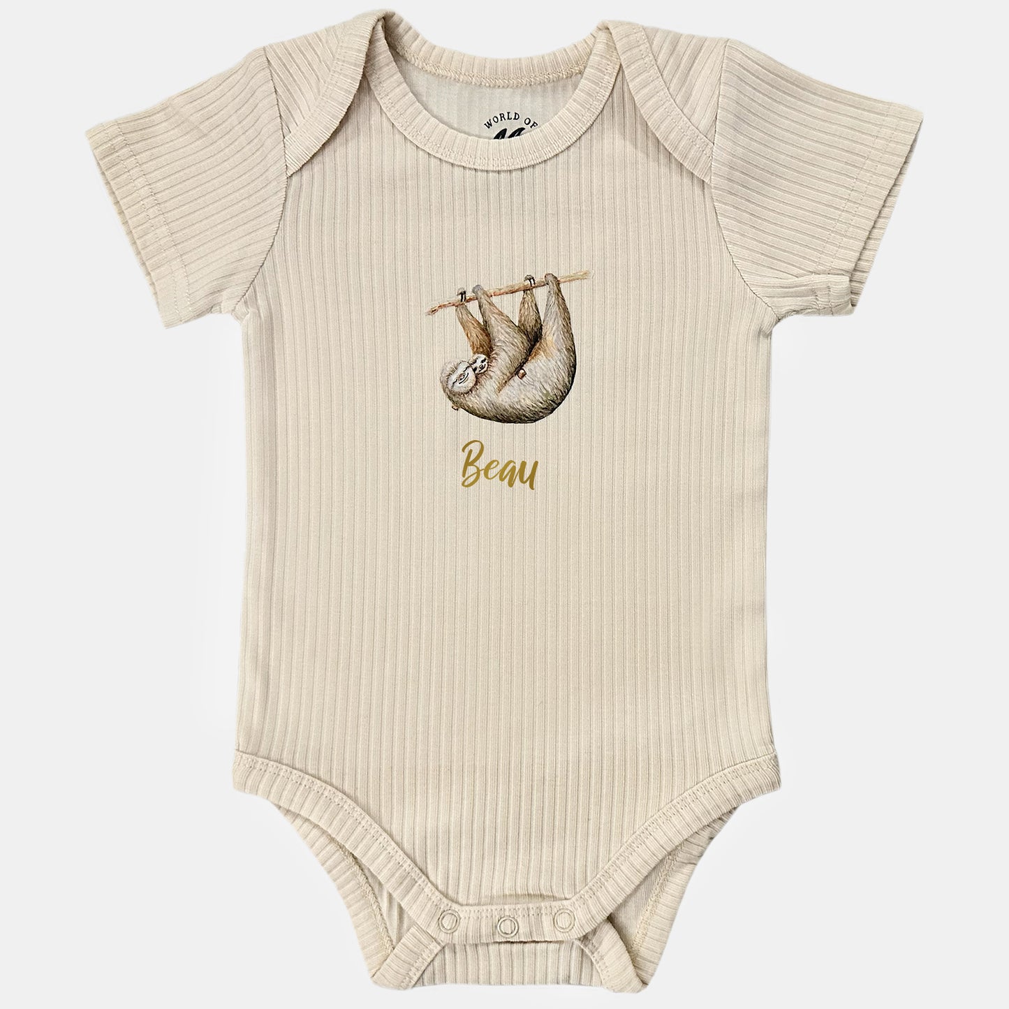 Baby romper luiaard met naam - vanille shortsleeve