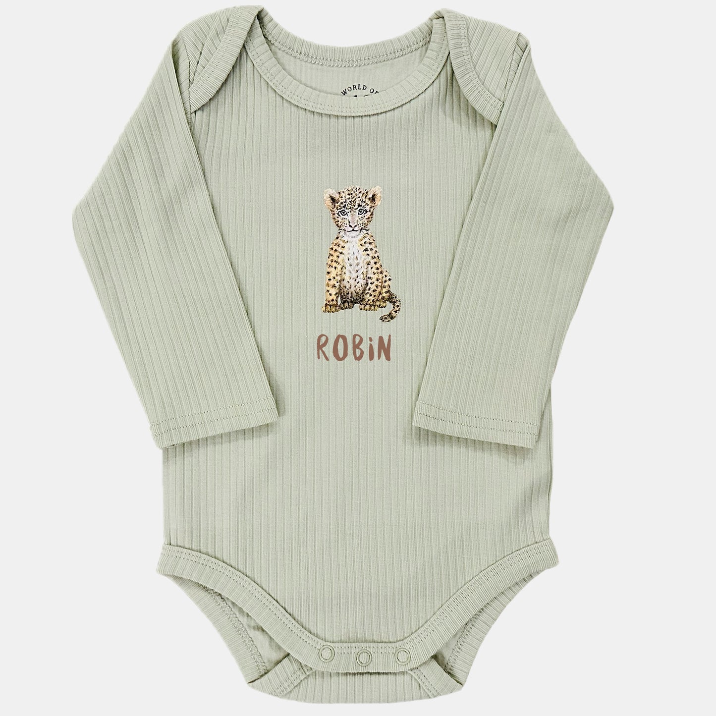 Baby onesie with little leopard and name - sage long sleeve