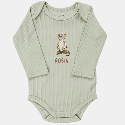 Baby onesie with little leopard and name - sage long sleeve