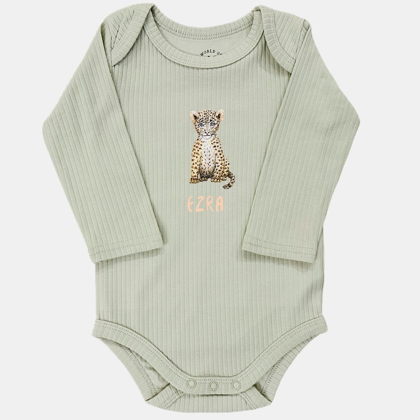 Baby onesie with little leopard and name - sage long sleeve