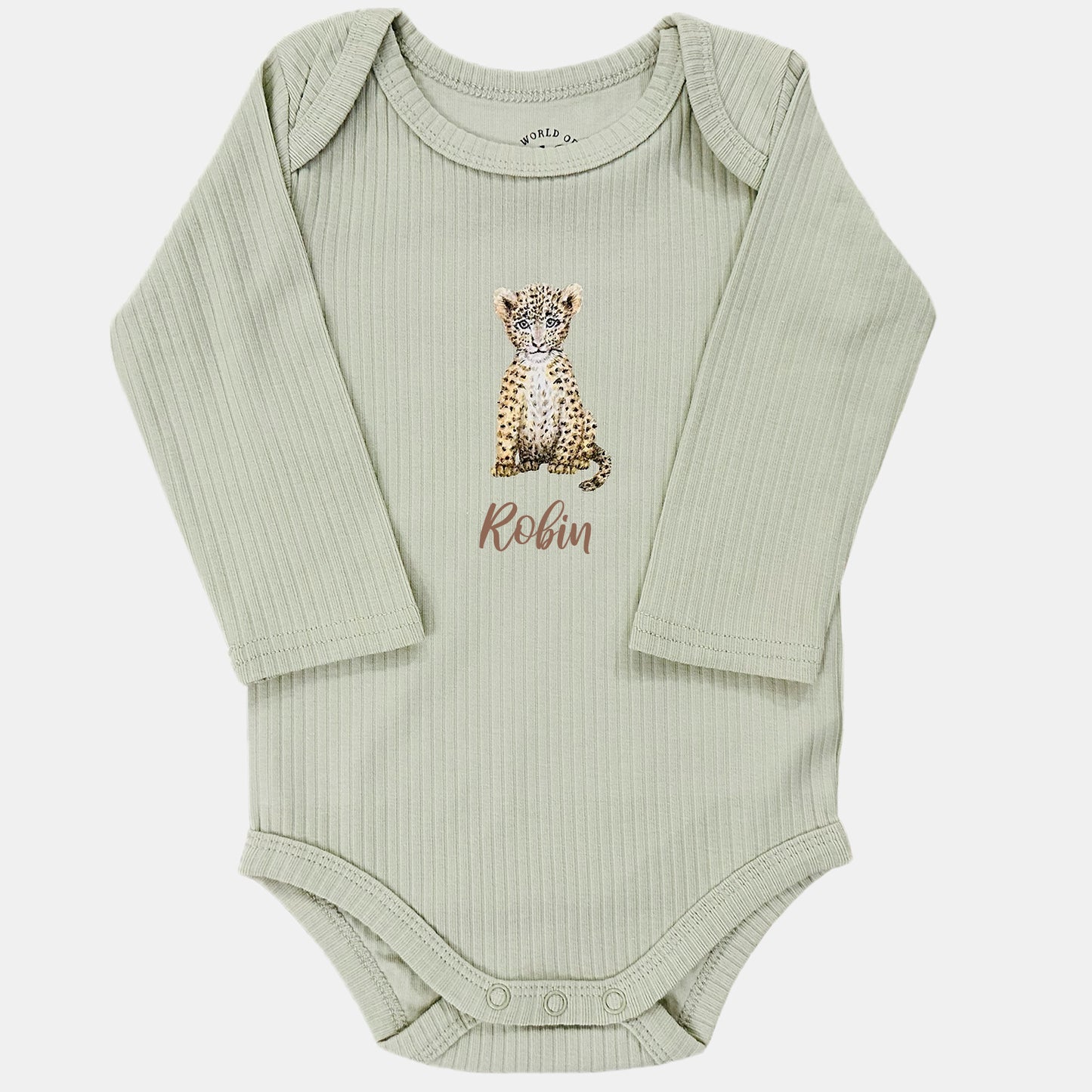 Baby onesie with little leopard and name - sage long sleeve