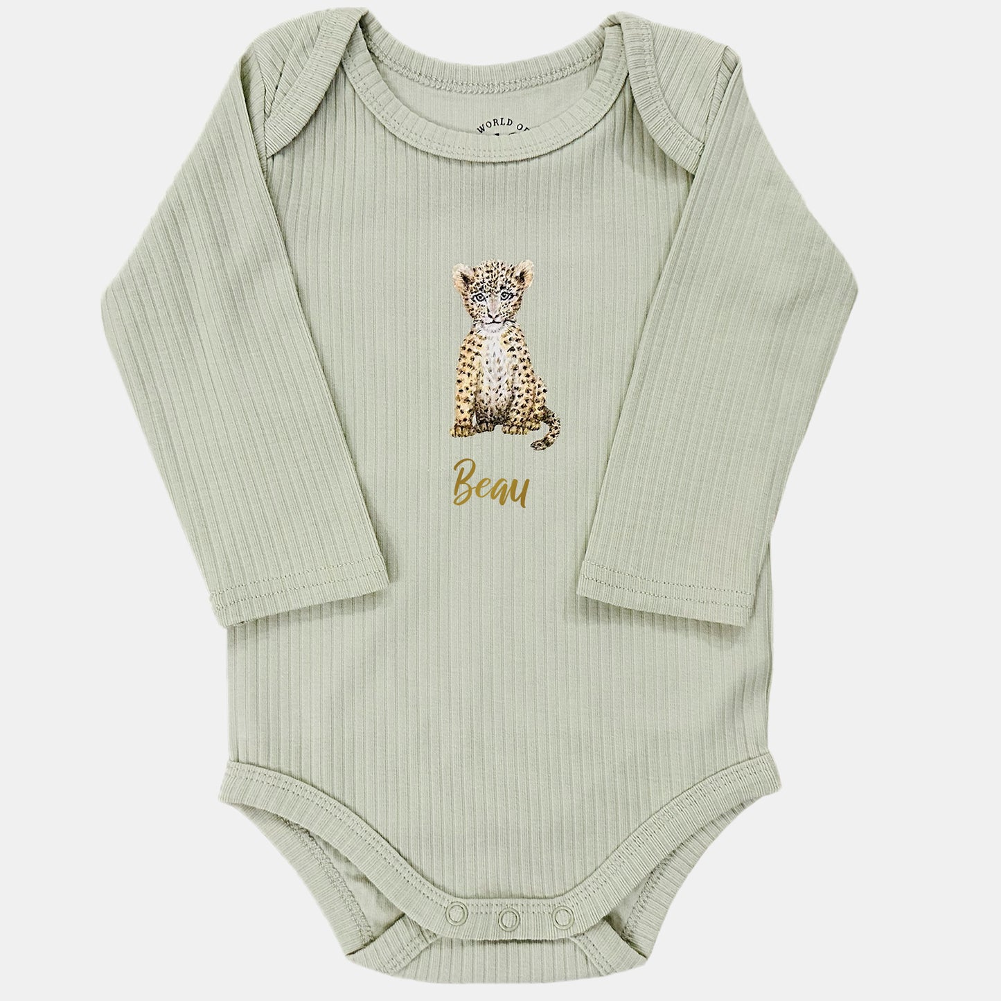 Baby onesie with little leopard and name - sage long sleeve