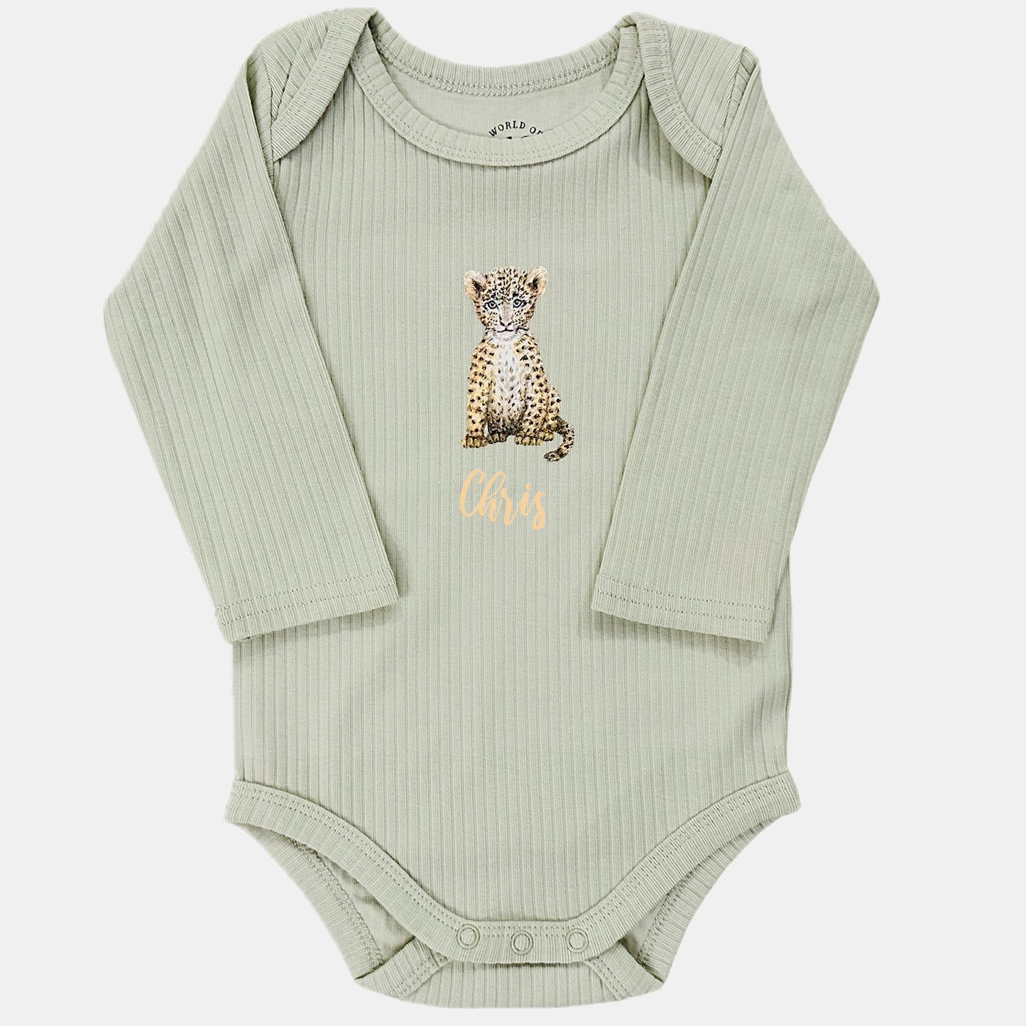 Baby onesie with little leopard and name - sage long sleeve