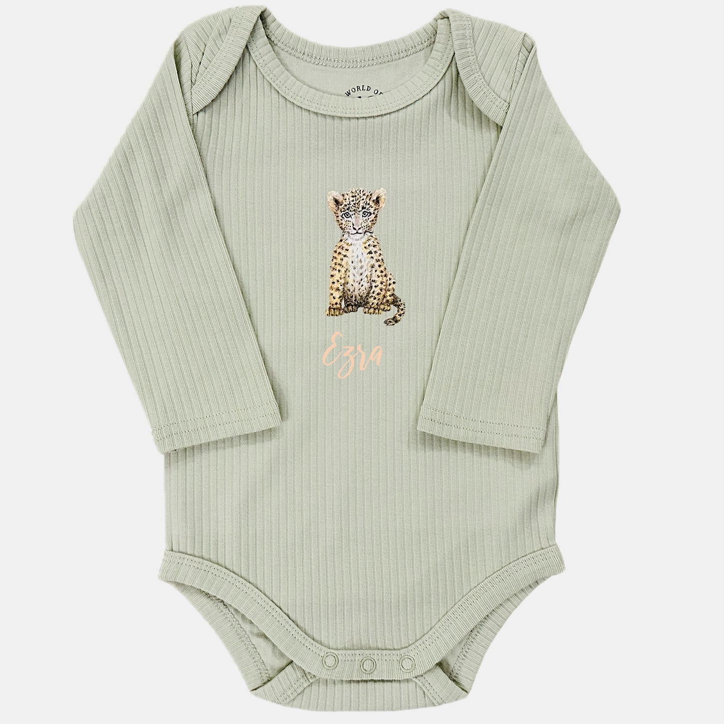 Baby onesie with little leopard and name - sage long sleeve