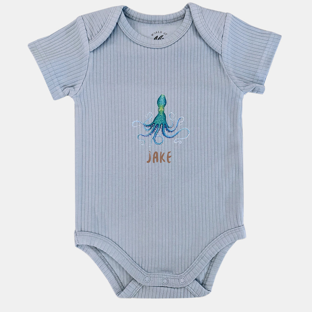 Baby romper octopus met naam - soft blue shortsleeve
