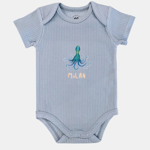 Baby romper octopus met naam - soft blue shortsleeve