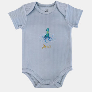 Baby romper octopus met naam - soft blue shortsleeve