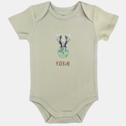 Baby onesie with elephant and name - sage short sleeve