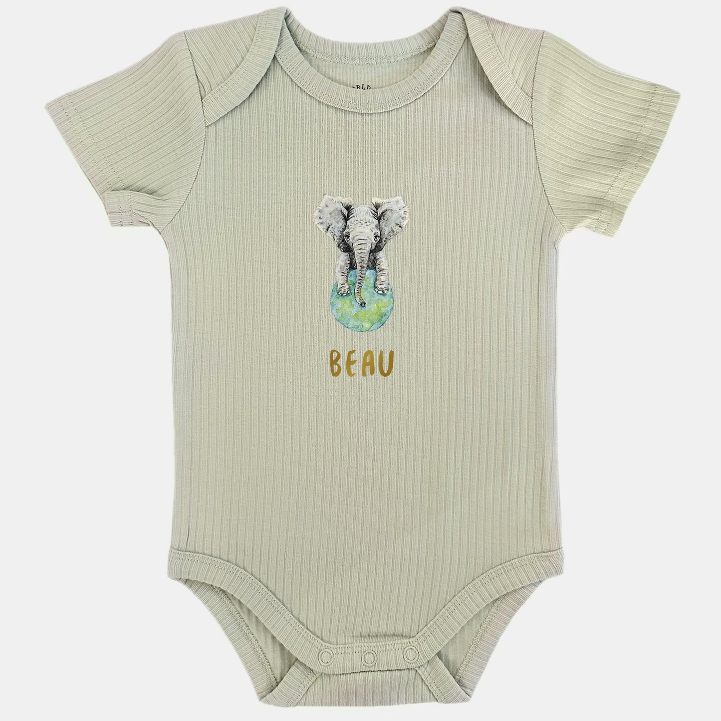 Baby onesie with elephant and name - sage short sleeve
