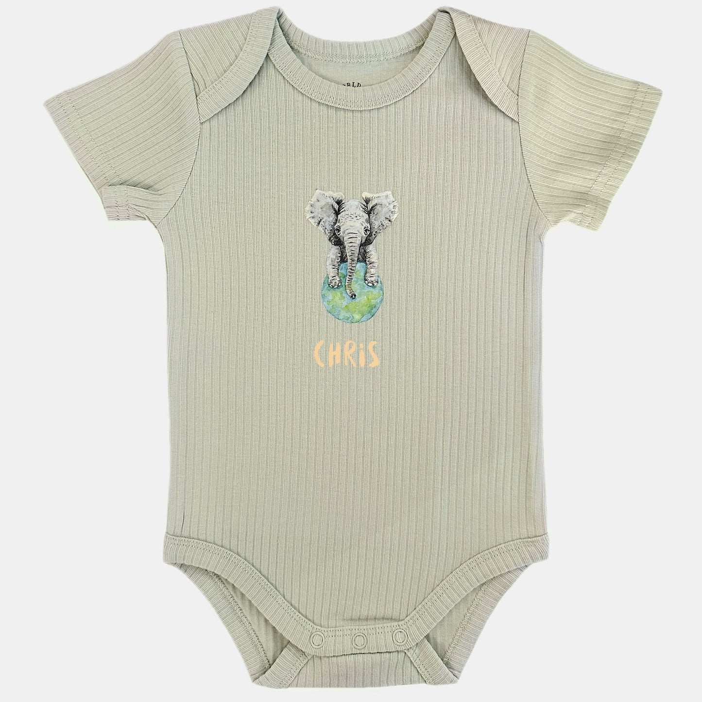 Baby onesie with elephant and name - sage short sleeve