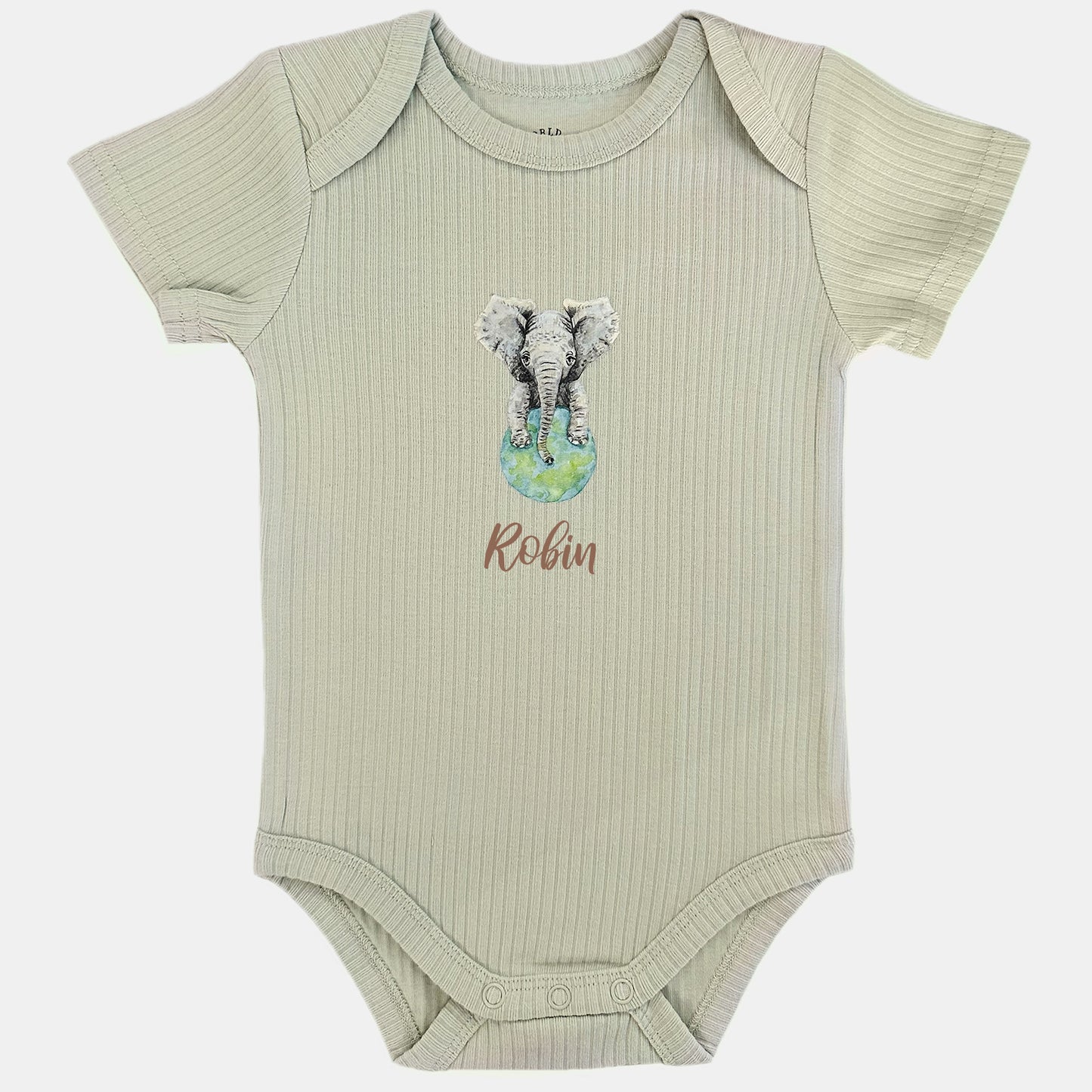Baby onesie with elephant and name - sage short sleeve