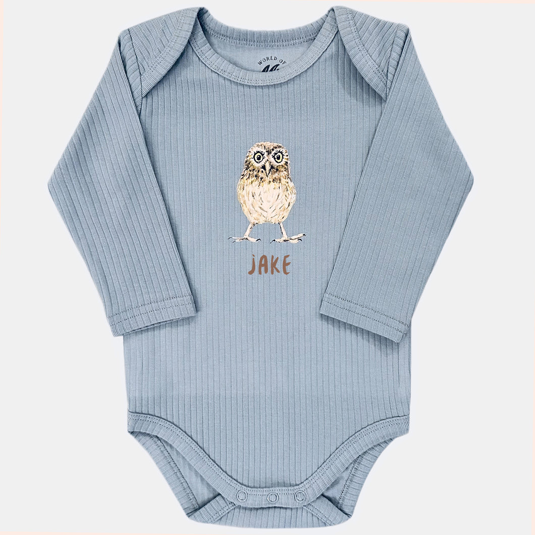 Baby romper uil met naam - soft blue longsleeve