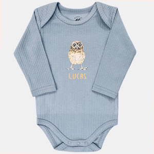 Baby romper uil met naam - soft blue longsleeve