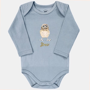 Baby romper uil met naam - soft blue longsleeve
