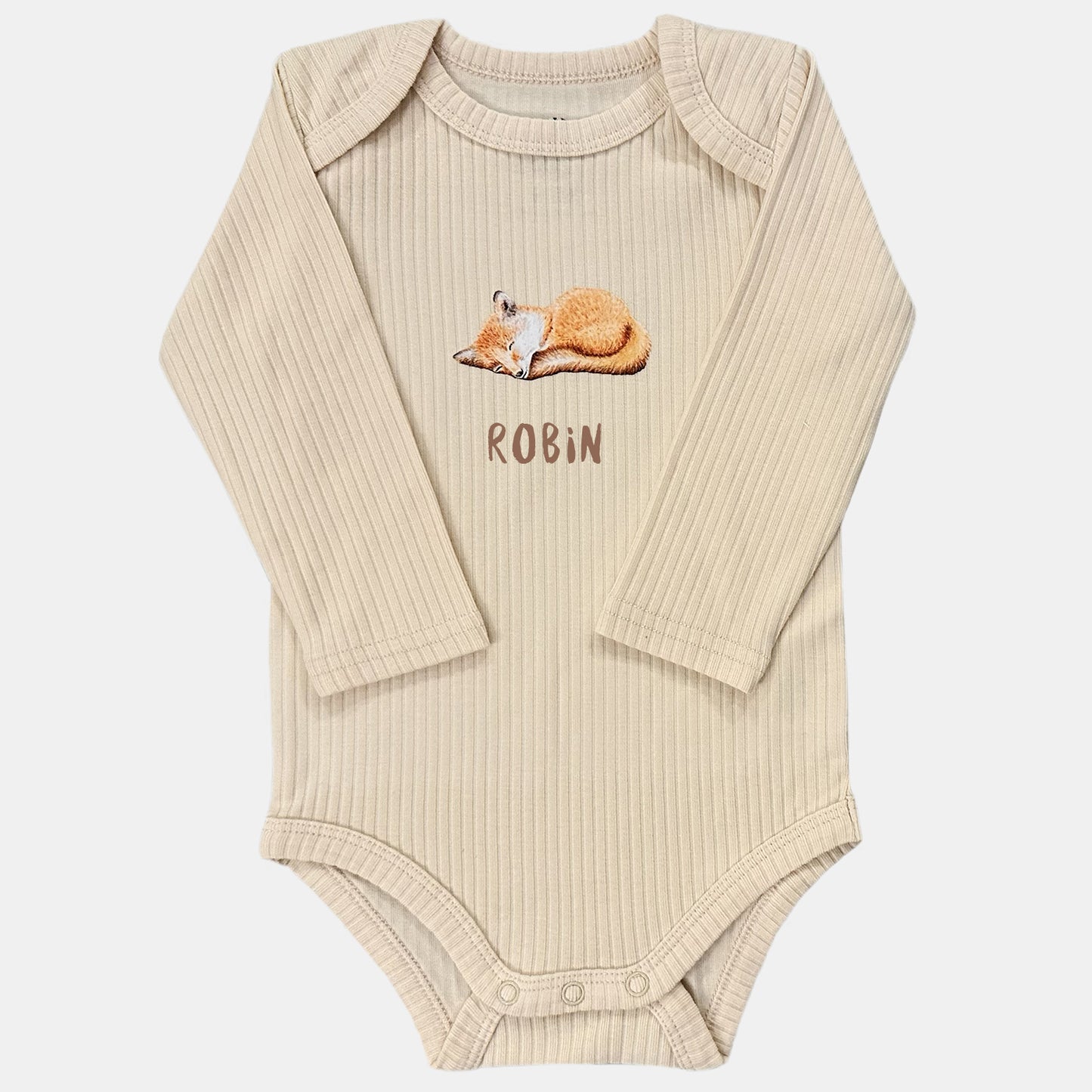 Baby onesie with fox and name - vanilla long sleeve