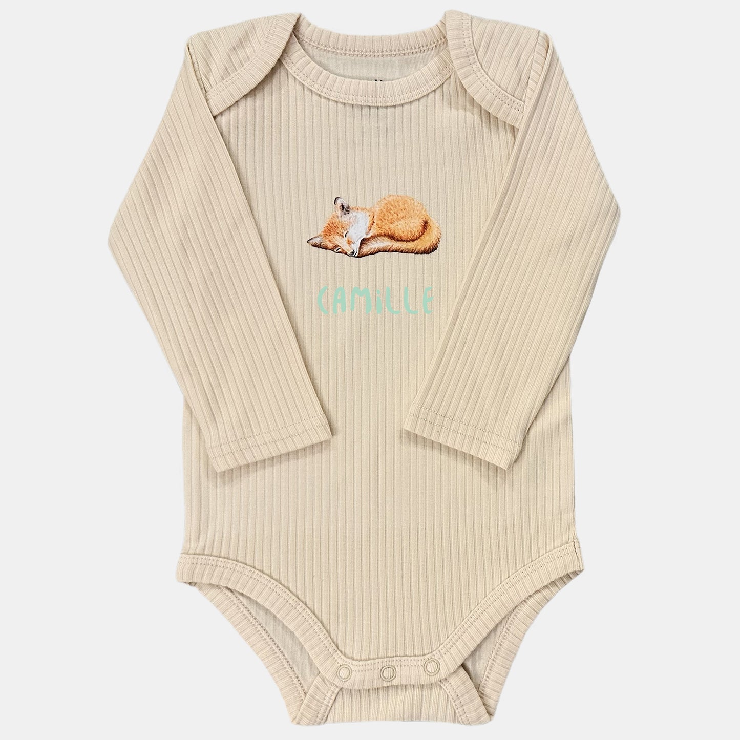 Baby onesie with fox and name - vanilla long sleeve