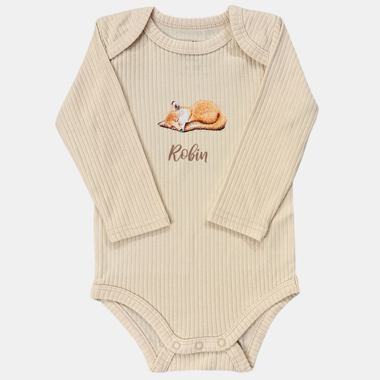 Baby onesie with fox and name - vanilla long sleeve