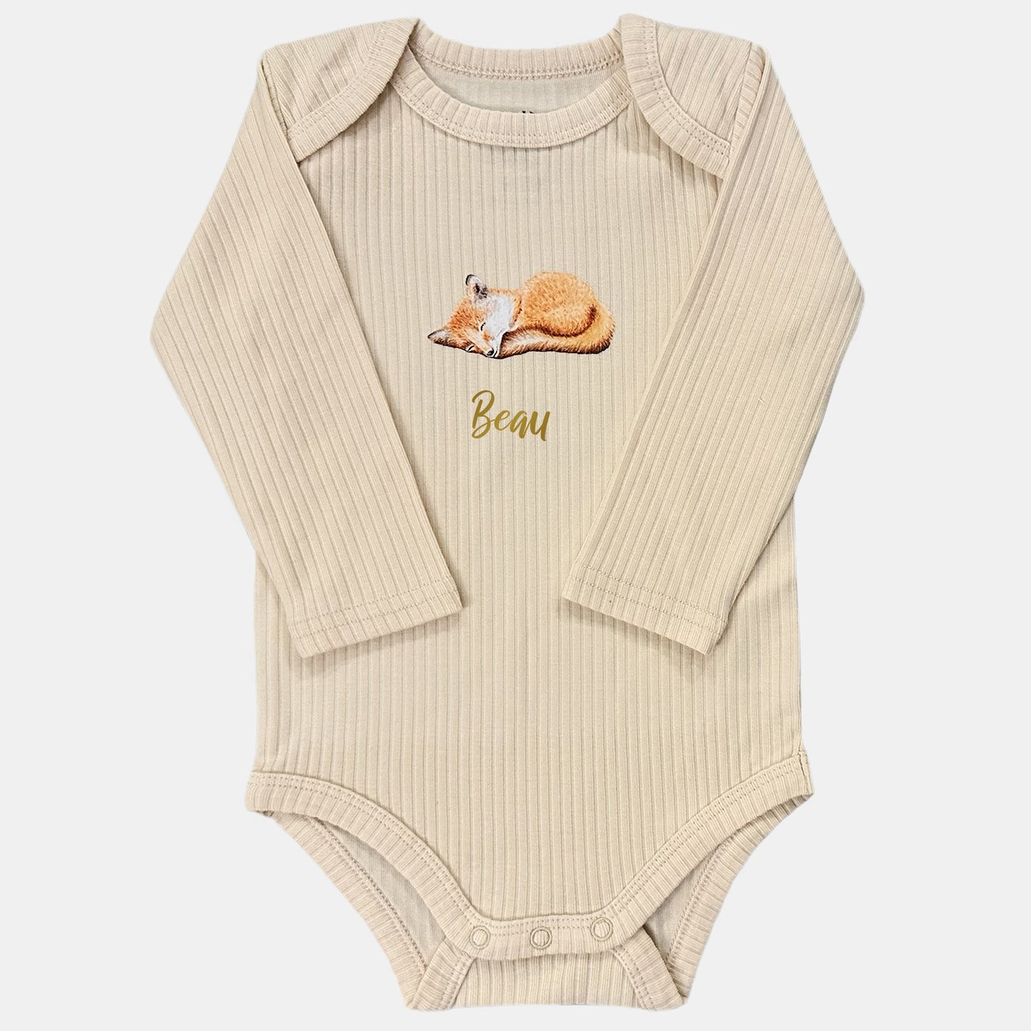 Baby onesie with fox and name - vanilla long sleeve