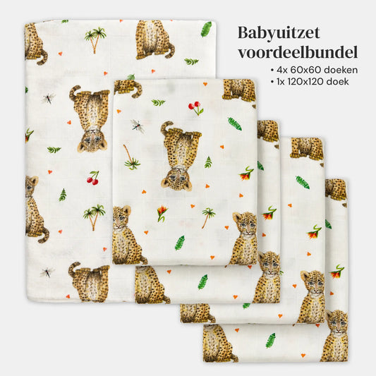 Babyuitzet voordeelbundel - hydrofiele doeken luipaardjes
