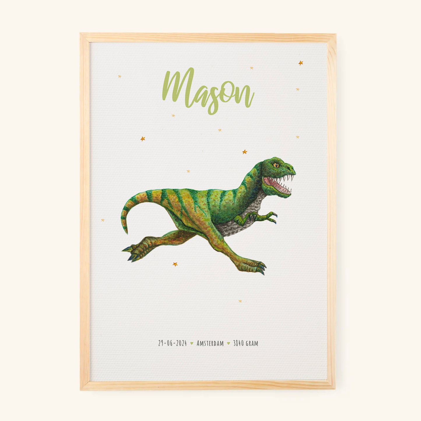 Geboorteposter dino - gepersonaliseerd - A3