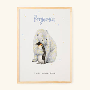Birth poster polar bear penguin - personalized - A3