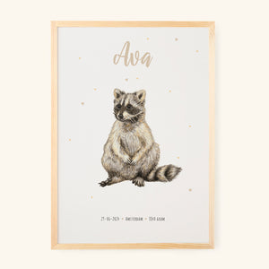 Birth poster raccoon - personalised - A3