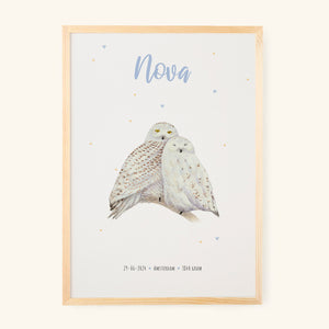 Birth poster snowy owls - personalised - A3