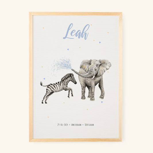 Geboorteposter zebra olifant - gepersonaliseerd - A3