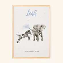 Load image into Gallery viewer, Birth poster zebra elephant - personalised - A3

