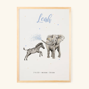 Birth poster zebra elephant - personalised - A3