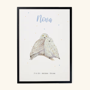 Birth poster snowy owls - personalised - A3