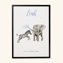 Load image into Gallery viewer, Birth poster zebra elephant - personalised - A3
