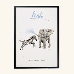 Birth poster zebra elephant - personalised - A3