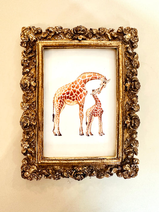 Gold colored flower frame with giraffes art print
