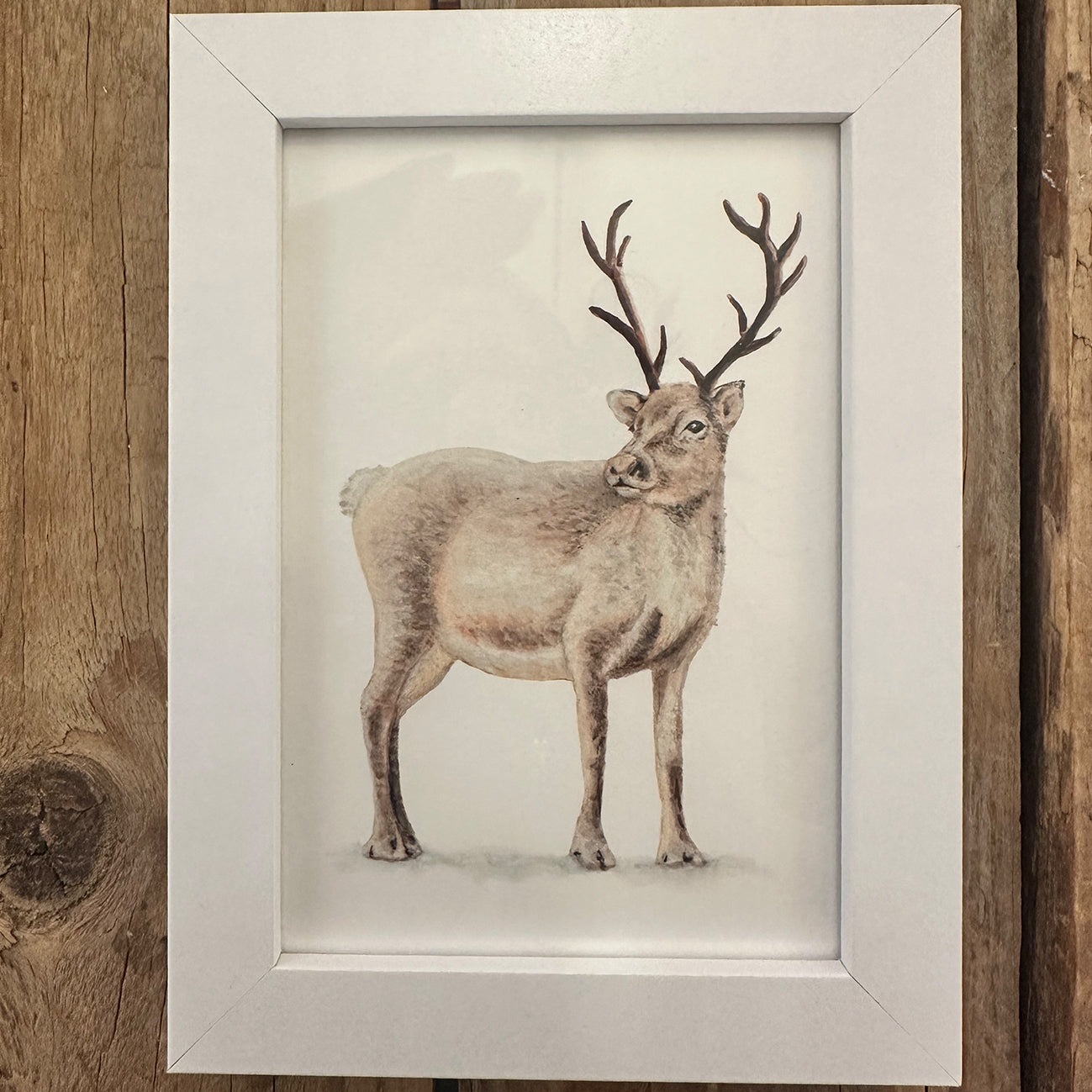 White wooden A6 frame with reindeer art print