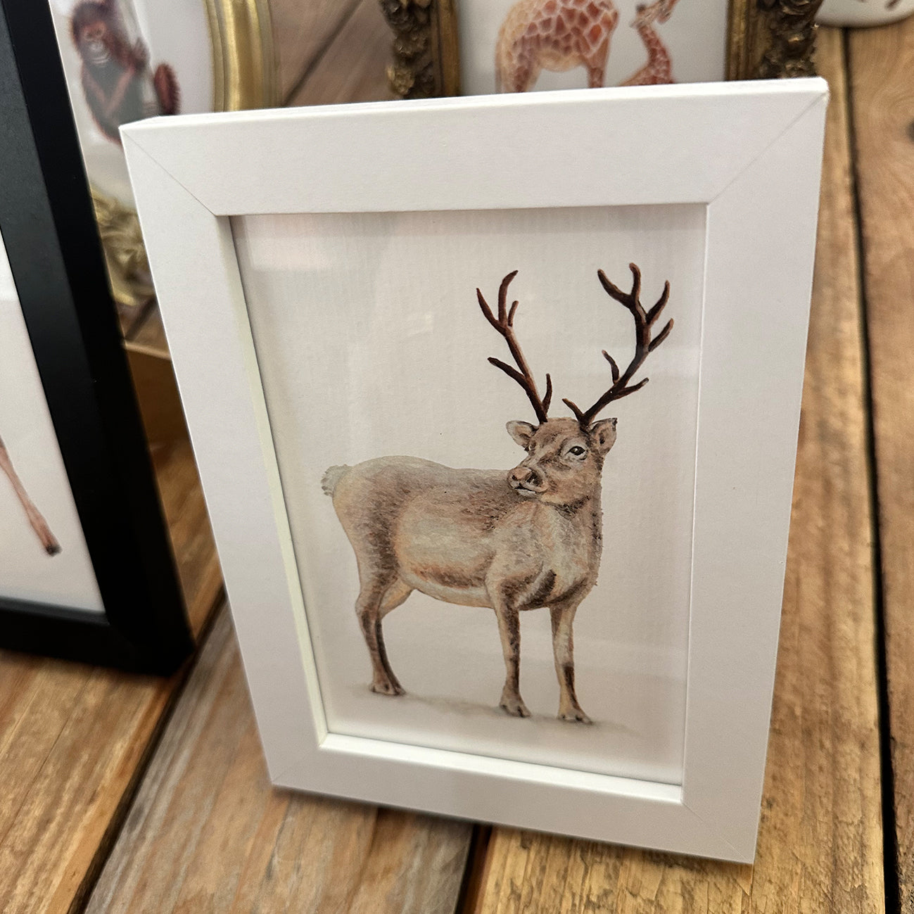 White wooden A6 frame with reindeer art print