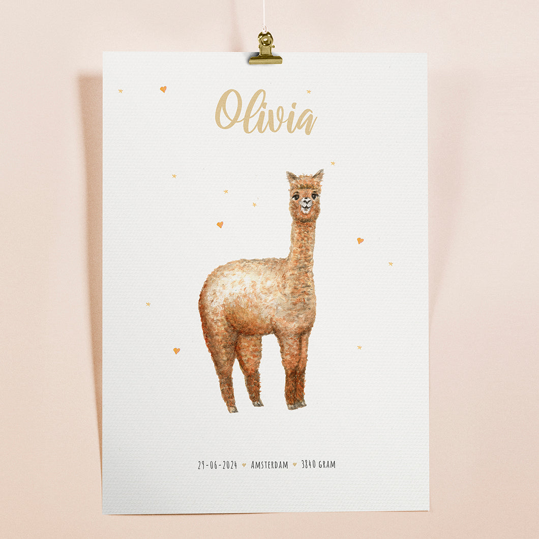 Geboorteposter alpaca - gepersonaliseerd - A3