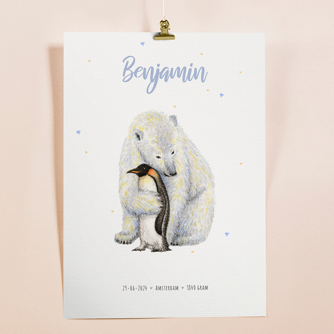 Birth poster polar bear penguin - personalized - A3