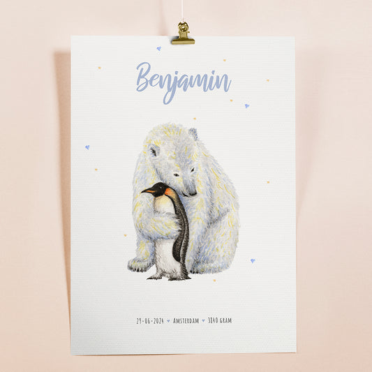 Birth poster polar bear penguin - personalized - A3