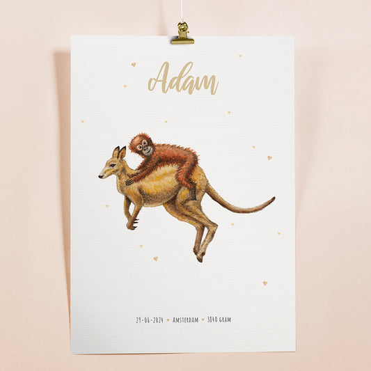 Kangaroo monkey birth poster - personalized - A3