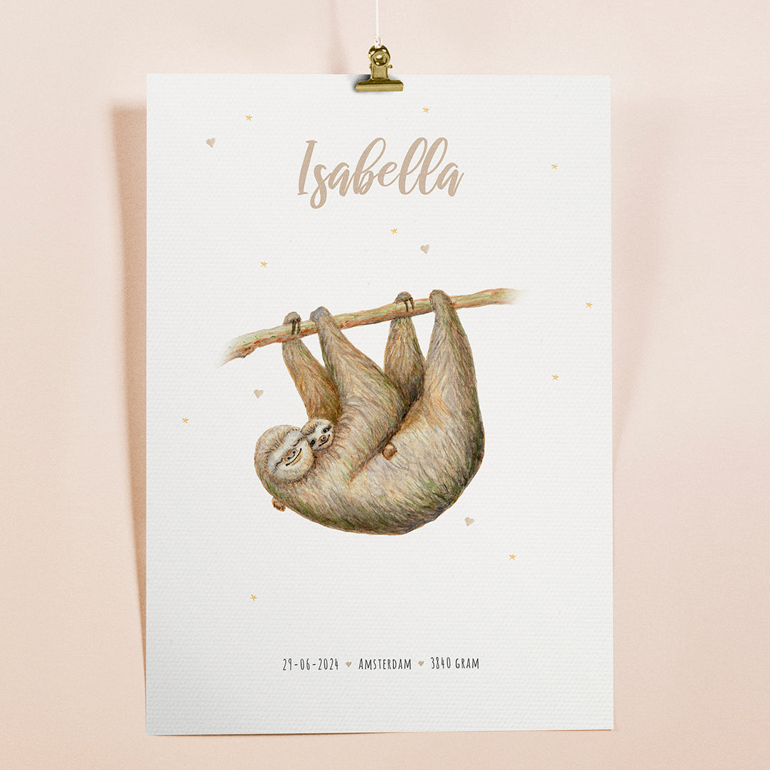 Birth poster sloth - personalized - A3