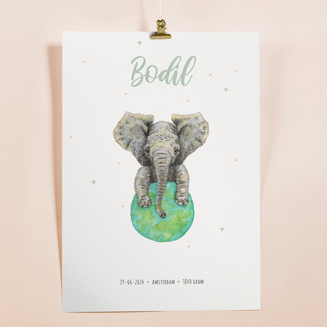 Birth poster elephant - personalized - A3