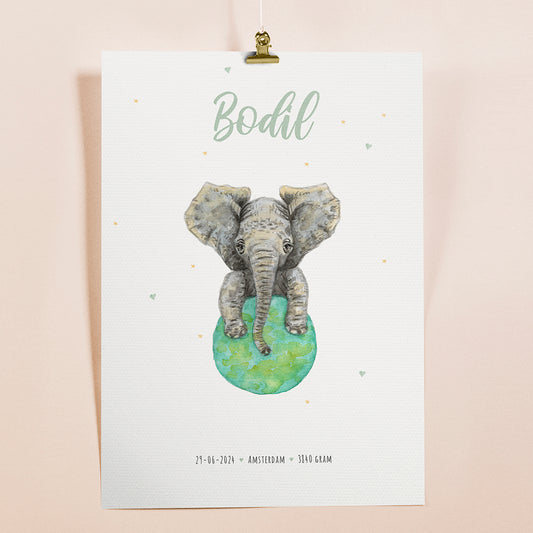 Birth poster elephant - personalized - A3