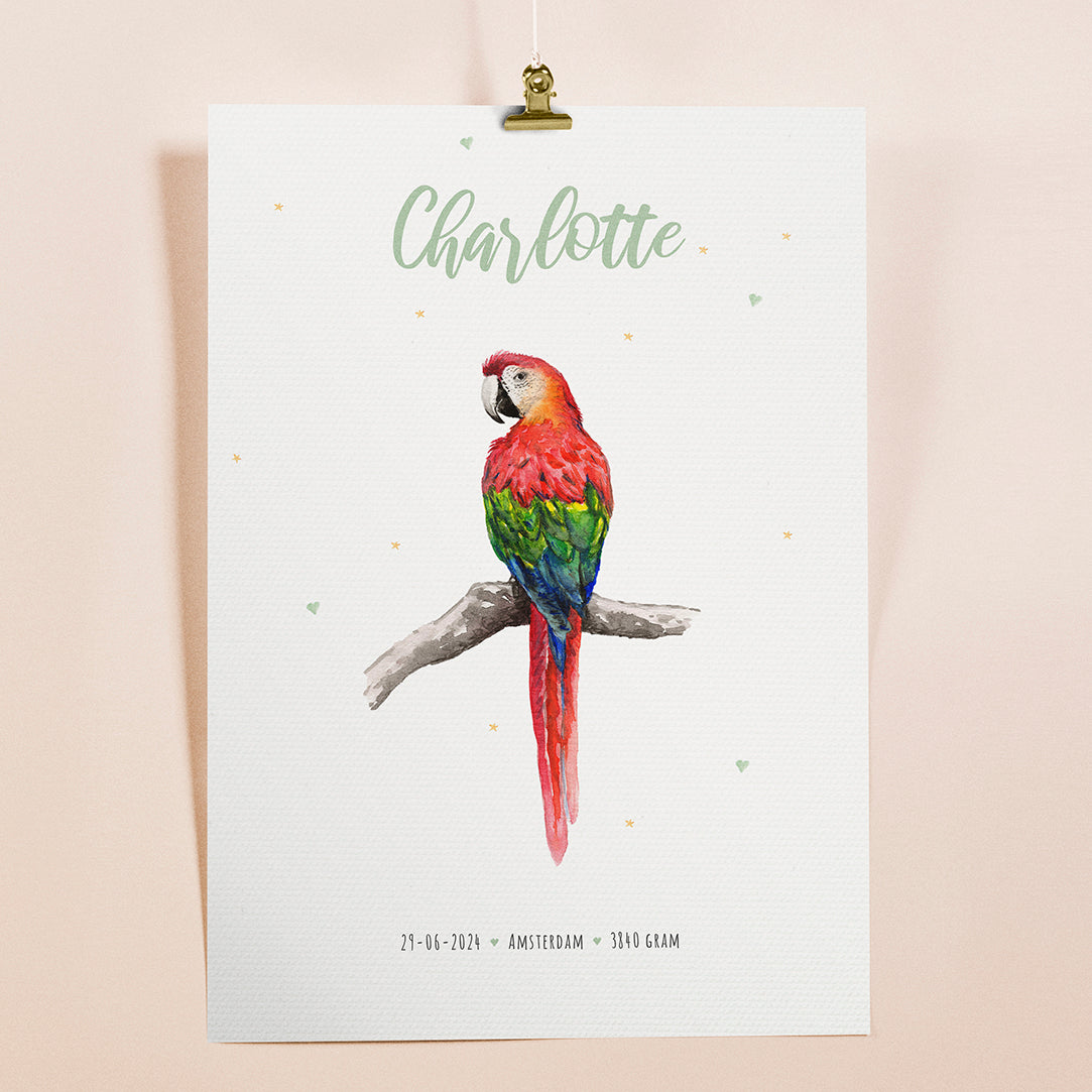 Birth poster parrot - personalized - A3