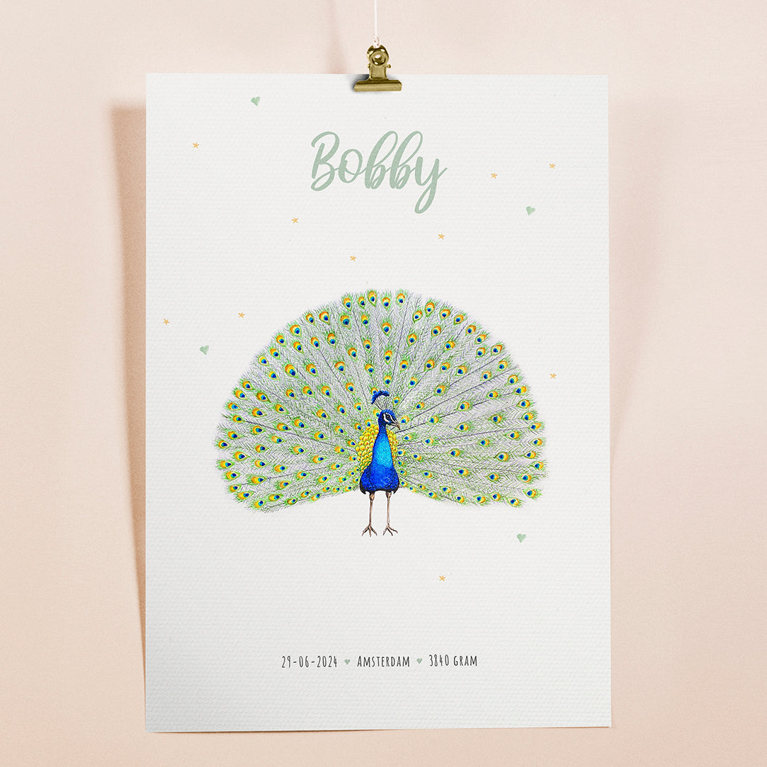 Birth poster peacock - personalized - A3