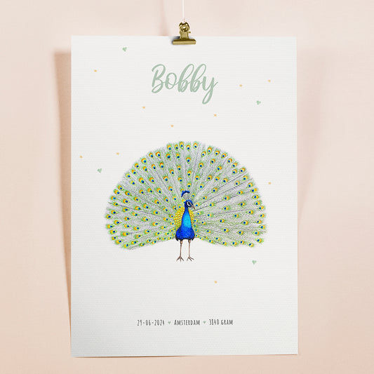 Birth poster peacock - personalized - A3
