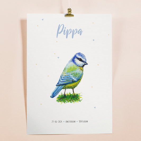 Birth poster blue tit - personalized - A3