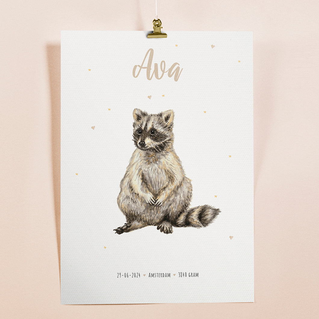 Birth poster raccoon - personalised - A3