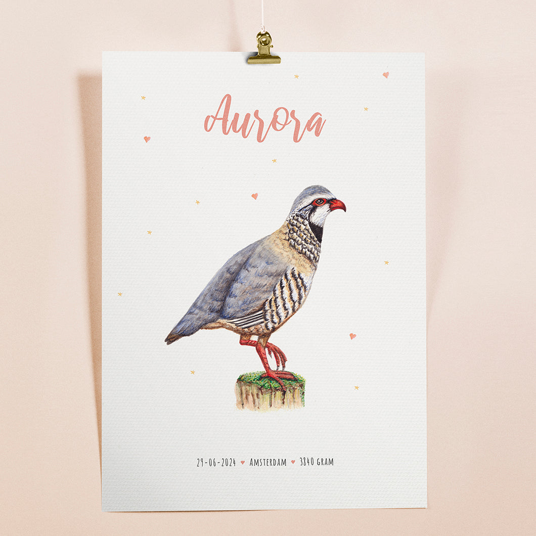 Birth poster red partridge - personalised - A3